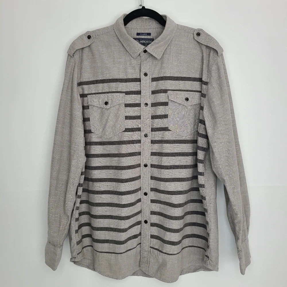 American Rag Shirt Collar Long Sleeve Button-Down Gray Black Stripes X-Large